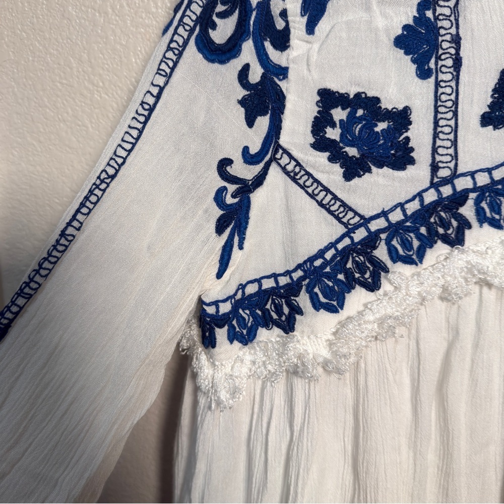 Zara Blue and Cream Boho Embroidered Blouse Jacket Size Small - Picture 13 of 15